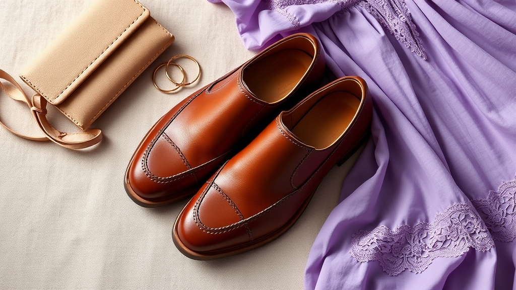 Brązowe buty uzupełniają lawendowe stroje