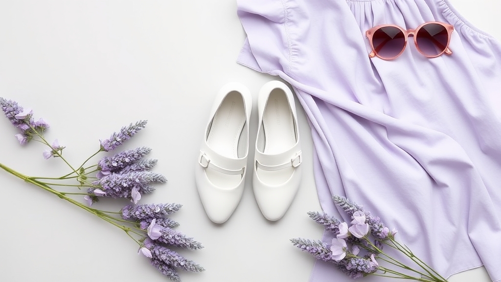 białe buty uzupełniają lawendową sukienkę