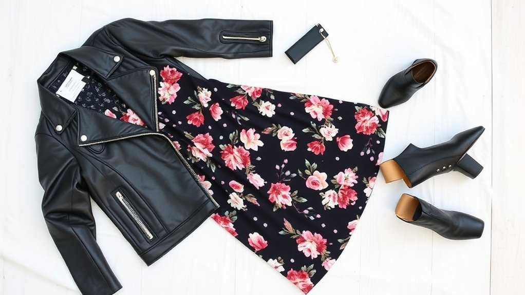 style sukienek z kurtką motocyklową